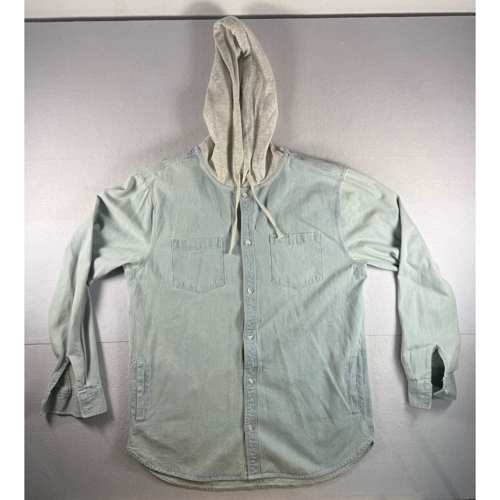 PacSun Mens XL Light Wash Denim Hooded Shirt Jacket Blue Gray Long Sleeve